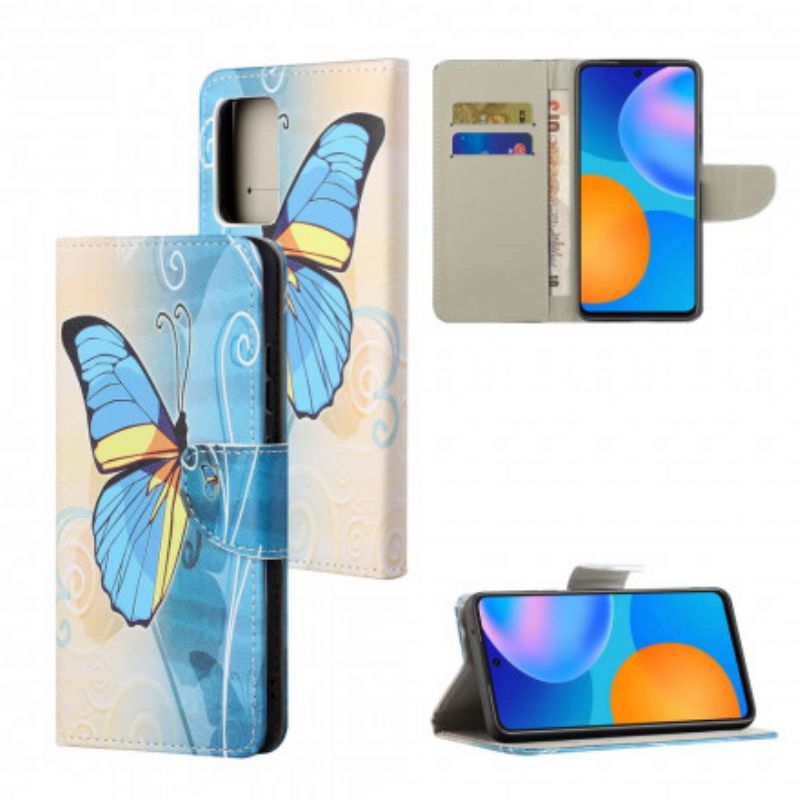 Leren Hoesje Xiaomi Redmi 10 Blauwe En Gele Vlinder