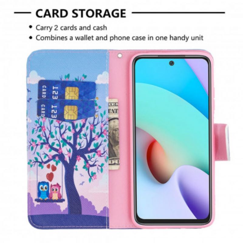 Leren Hoesje Xiaomi Redmi 10 Uilen Op De Schommel Bescherming Hoesje