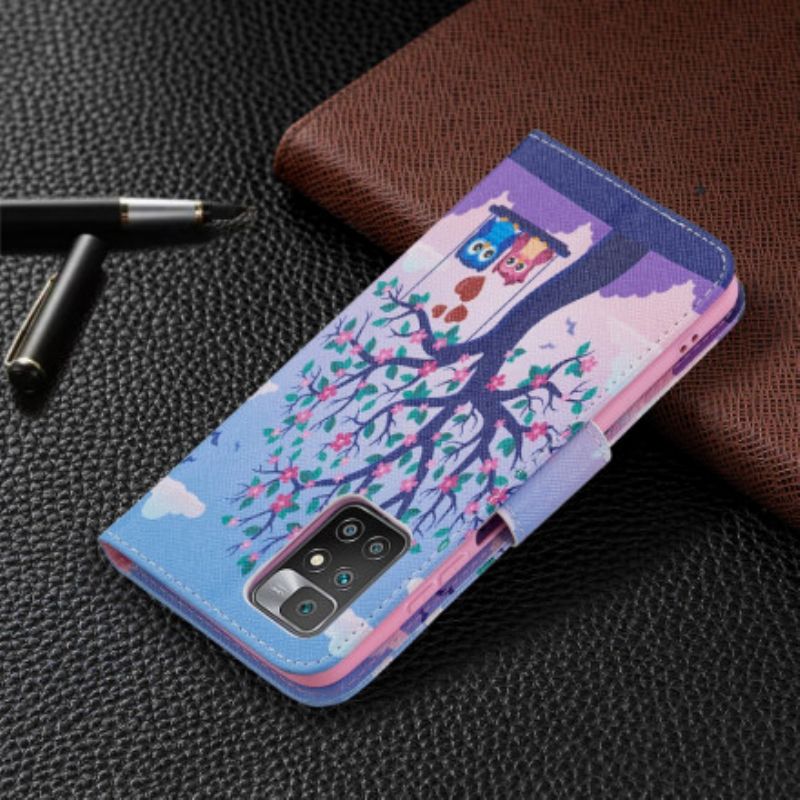 Leren Hoesje Xiaomi Redmi 10 Uilen Op De Schommel Bescherming Hoesje