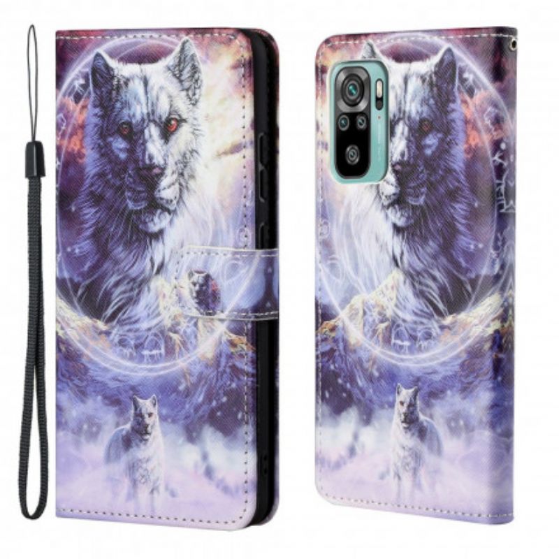 Leren Hoesje Xiaomi Redmi 10 Wolf In Winter Met Lanyard