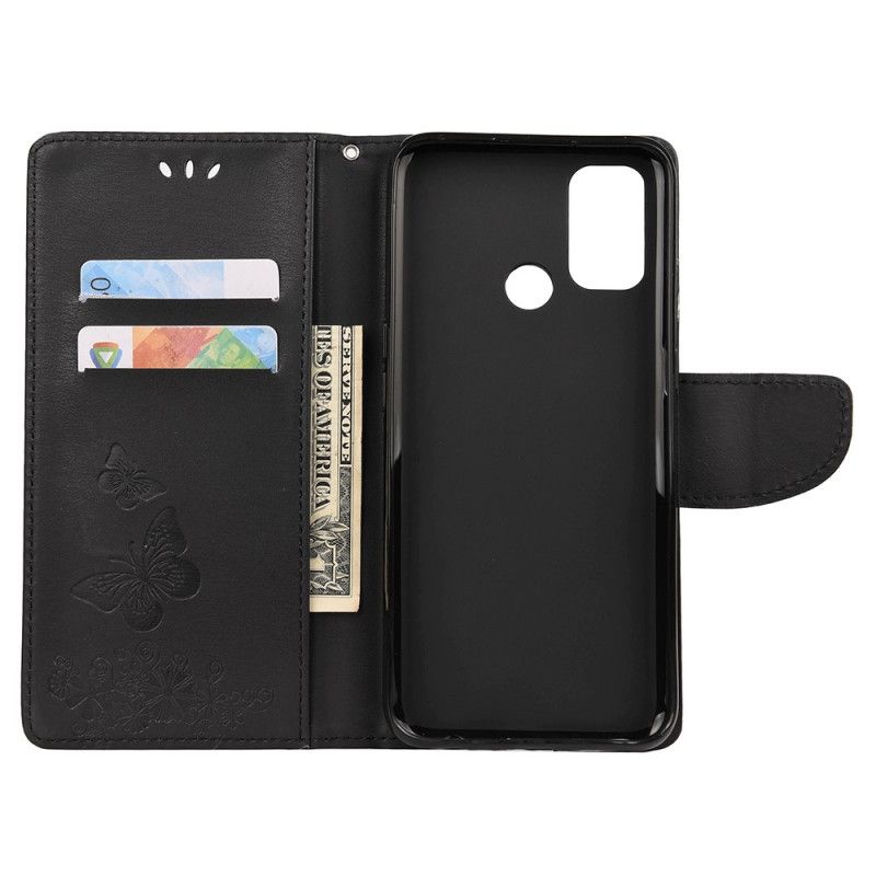 Cover Folio-hoesje Oppo A53s Grijs Zwart Telefoonhoesje Alleen Vlinders Met String