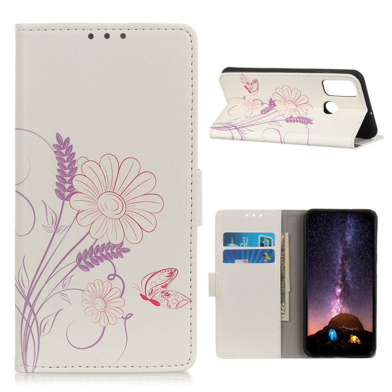 Leren Hoesje Oppo A53s Vlinders En Bloemen Tekenen