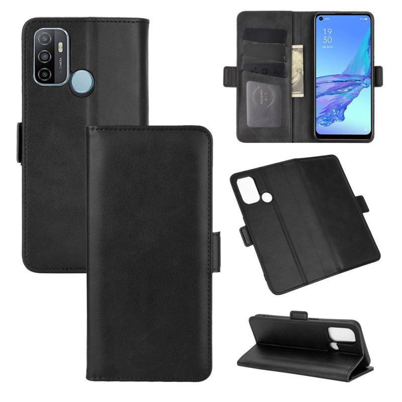 Leren Hoesje voor Oppo A53s Rood Zwart Dubbele Klep