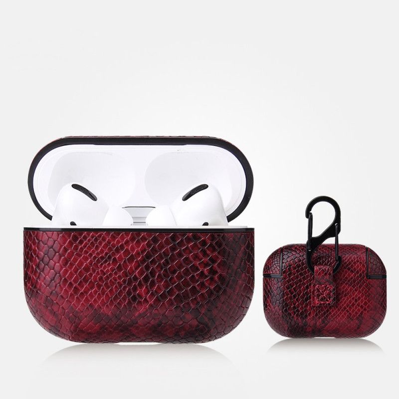 Hoesje AirPods Pro Grijs Zwart Slangenleer-Effect Met Karabijnhaak