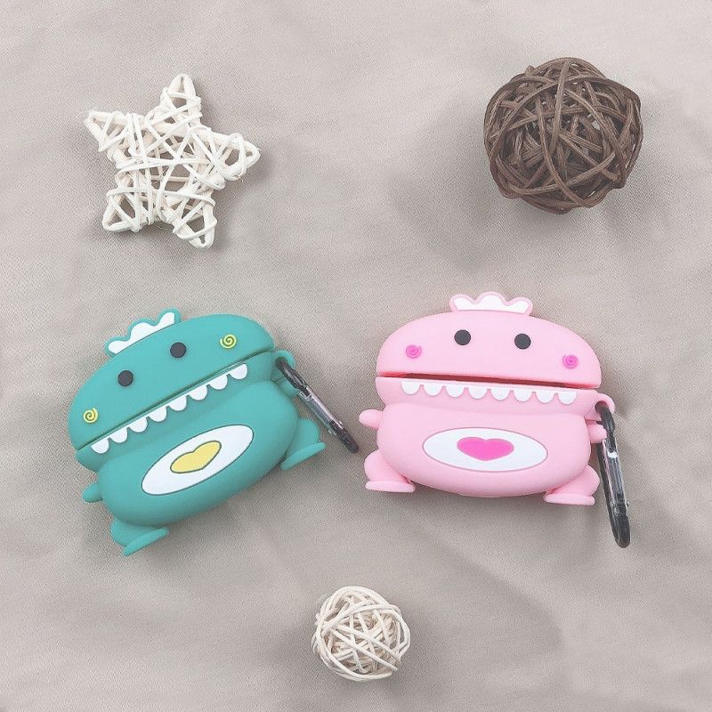 Hoesje AirPods Pro Groen Roze 3D Dinosaurus Met Karabijnhaak