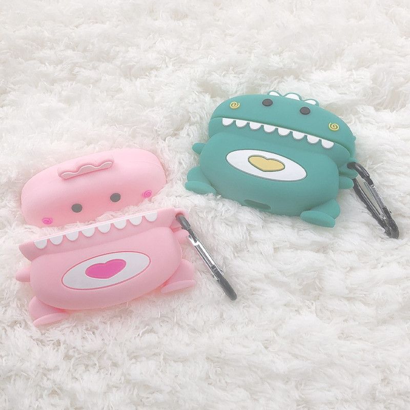 Hoesje AirPods Pro Groen Roze 3D Dinosaurus Met Karabijnhaak