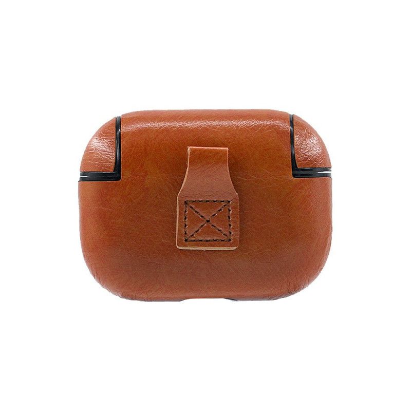 Hoesje voor AirPods Pro Bruin Zwart Lederlook Met Karabijnhaak