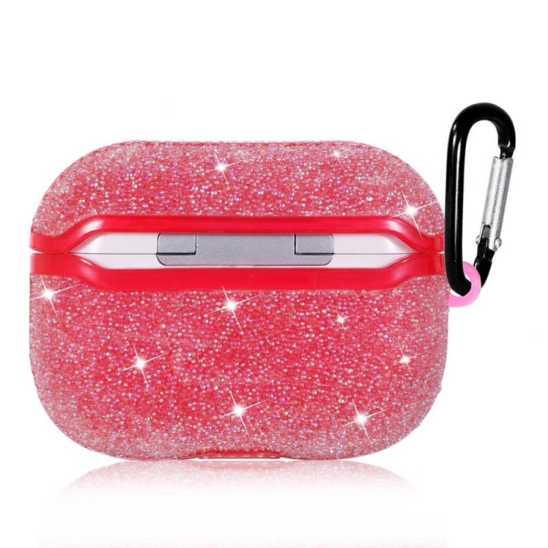 Hoesje voor AirPods Pro Rood Grijs Strass Diamanten Met Karabijnhaak