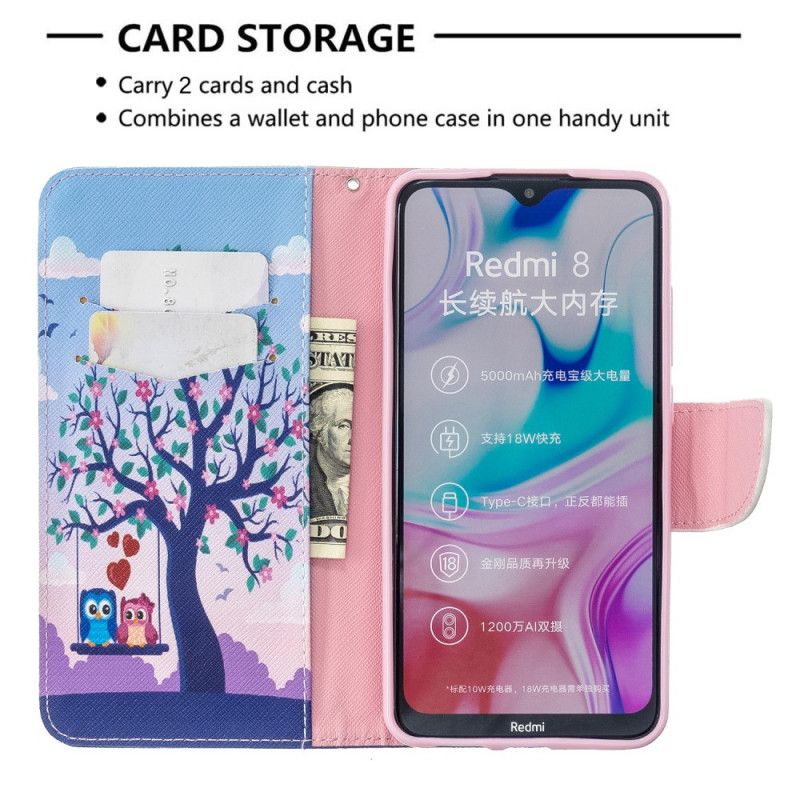 Flip Case Leren Xiaomi Redmi 8 Uilen Op De Schommel