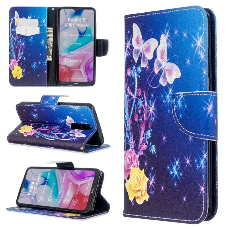 Flip Case Leren Xiaomi Redmi 8 Wit Zwart Geweldige Vlinders