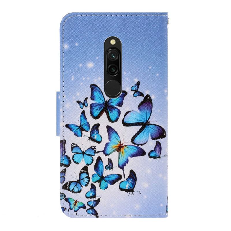Leren Hoesje Xiaomi Redmi 8 Donkerblauw Zwart Vlindervariaties Met String