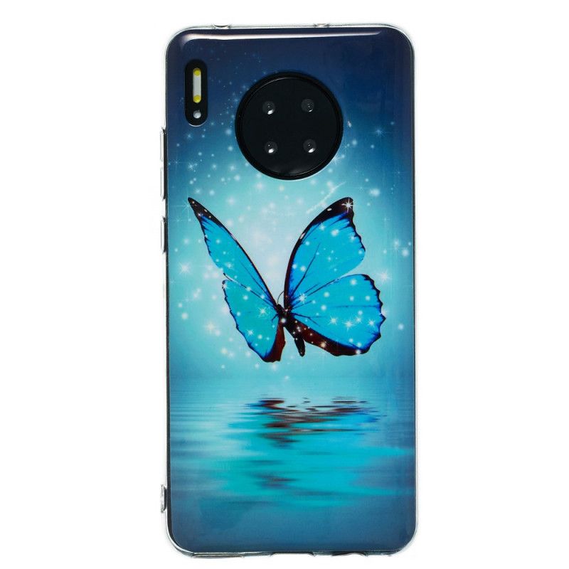 Cover Hoesje Huawei Mate 30 Telefoonhoesje Fluorescerende Blauwe Vlinder