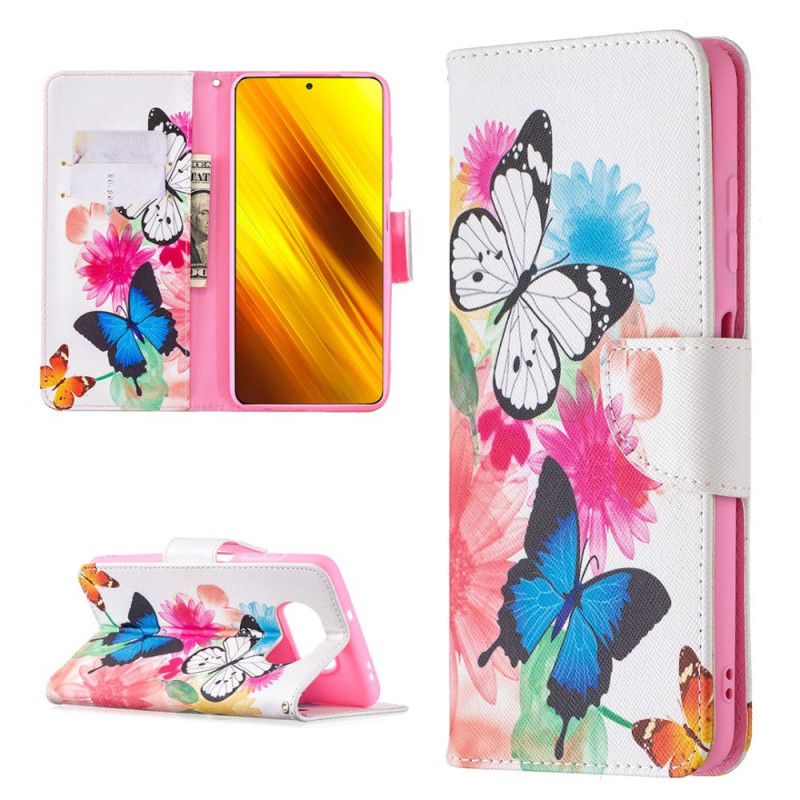 Cover Folio-hoesje Xiaomi Poco X3 Telefoonhoesje Geschilderde Vlinders En Bloemen