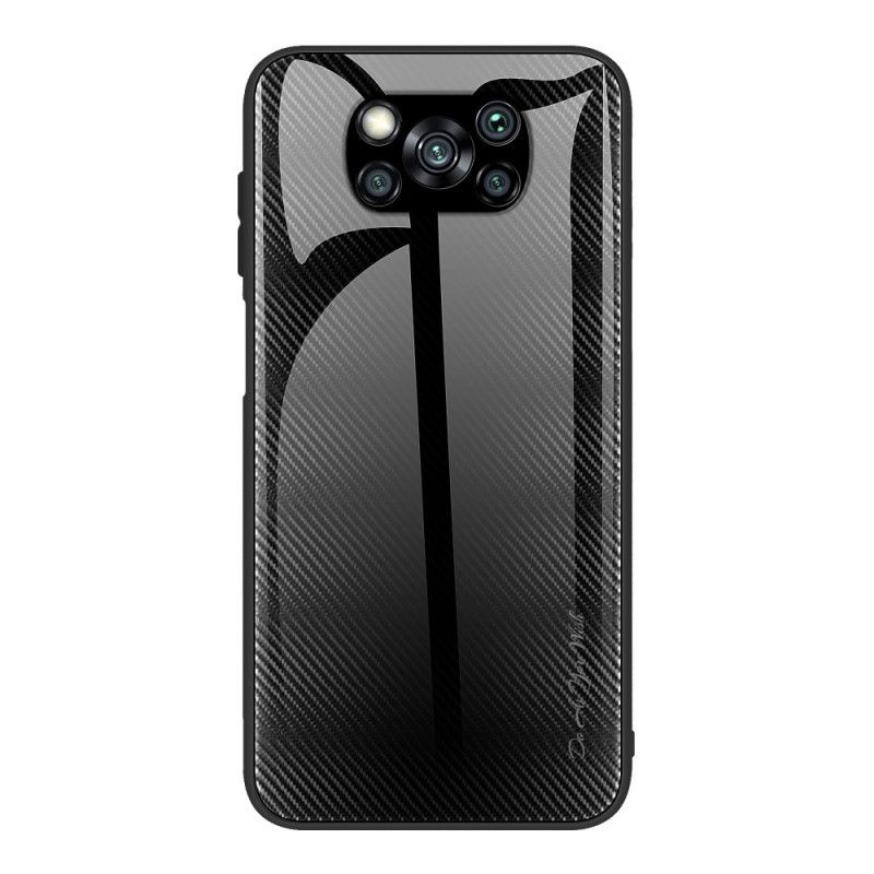 Hoesje Xiaomi Poco X3 Wit Zwart Koolstofvezel Gehard Glas