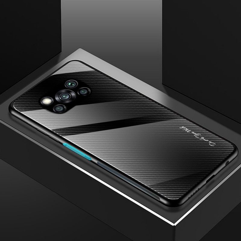 Hoesje Xiaomi Poco X3 Wit Zwart Koolstofvezel Gehard Glas