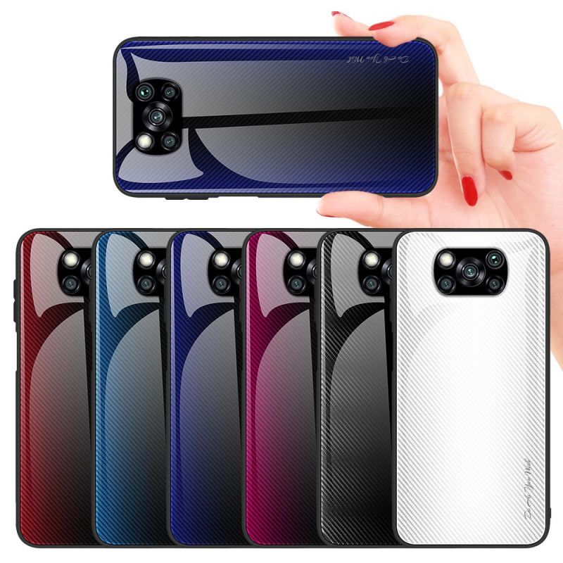 Hoesje Xiaomi Poco X3 Wit Zwart Koolstofvezel Gehard Glas