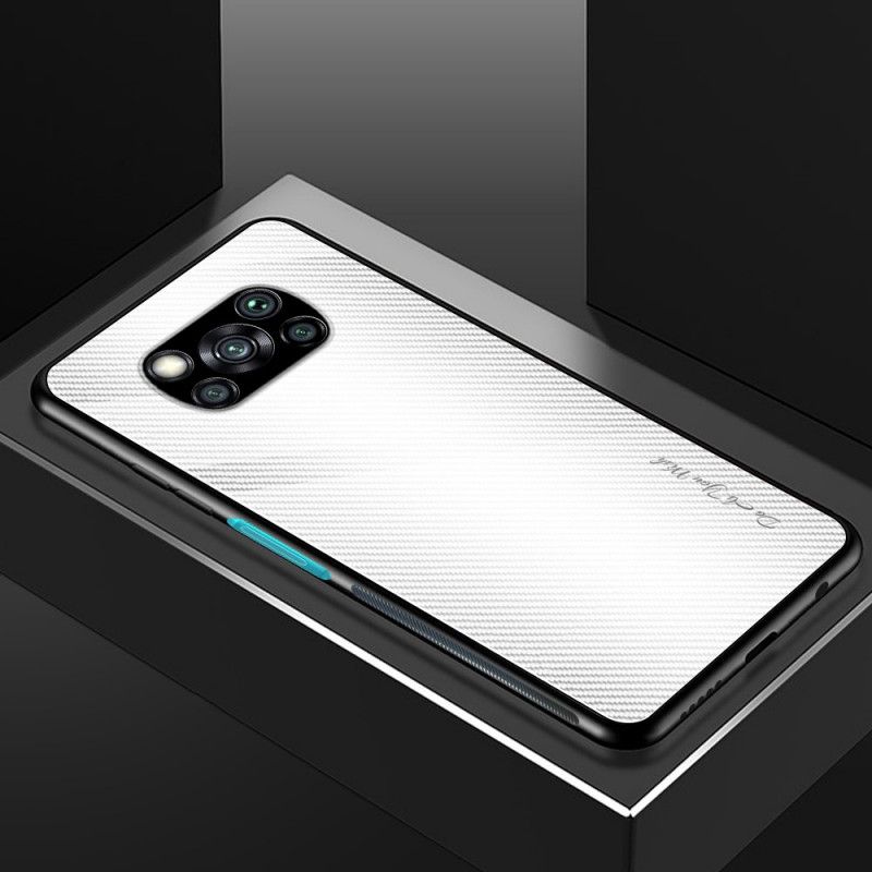 Hoesje Xiaomi Poco X3 Wit Zwart Koolstofvezel Gehard Glas