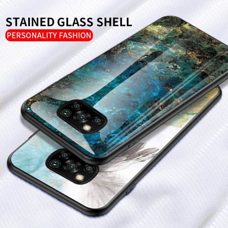 Hoesje Xiaomi Poco X3 Wit Zwart Marmeren Kleuren Gehard Glas