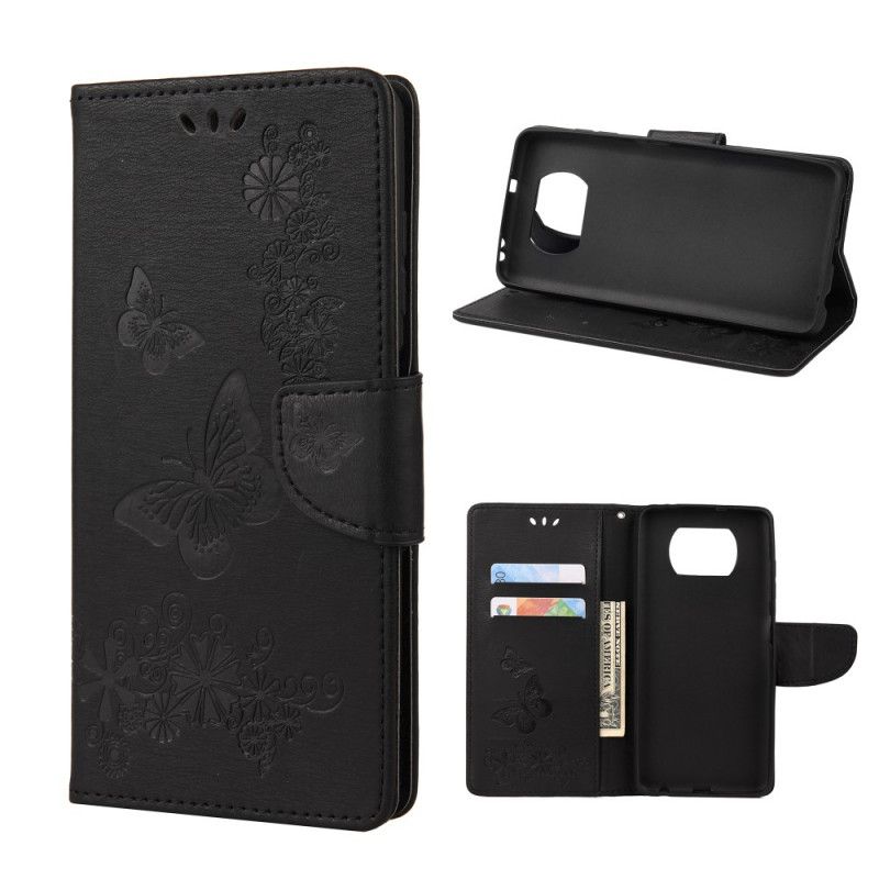 Leren Hoesje Xiaomi Poco X3 Grijs Zwart Alleen Vlinders Met String