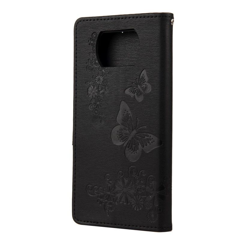 Leren Hoesje Xiaomi Poco X3 Grijs Zwart Alleen Vlinders Met String