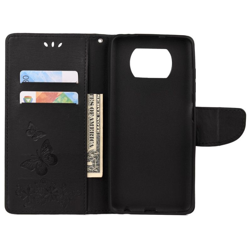Leren Hoesje Xiaomi Poco X3 Grijs Zwart Alleen Vlinders Met String