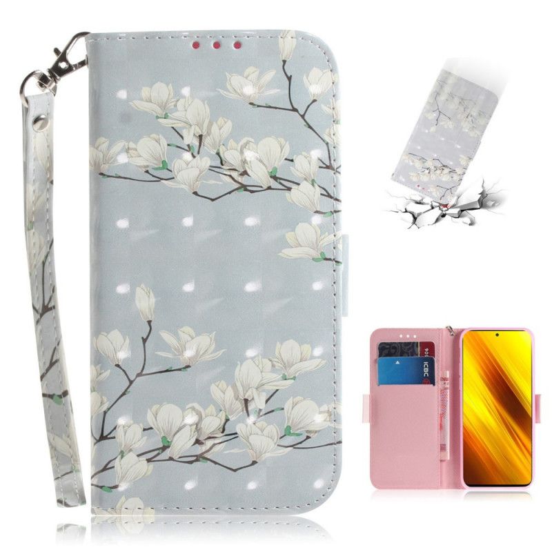 Leren Hoesje Xiaomi Poco X3 Groen Grijs Bloeiende Tak Met String