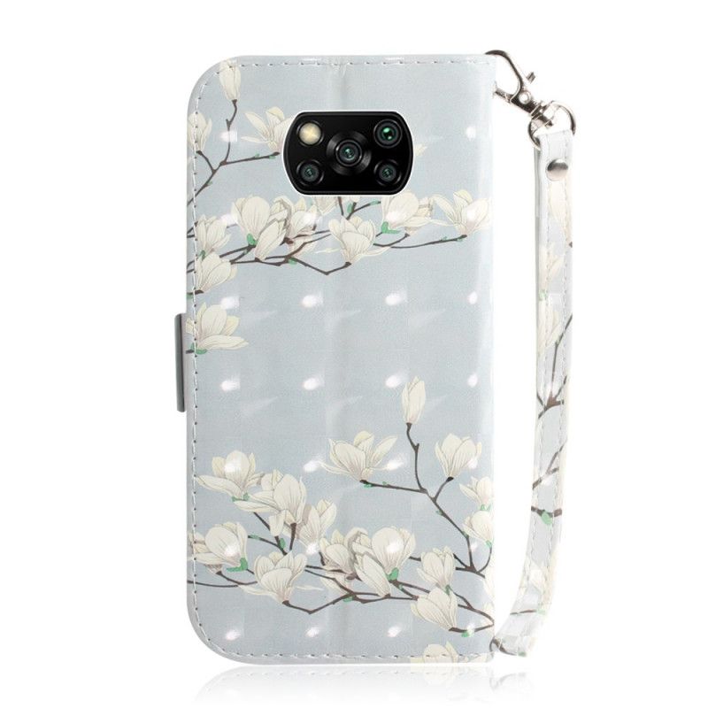 Leren Hoesje Xiaomi Poco X3 Groen Grijs Bloeiende Tak Met String