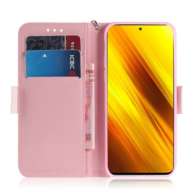 Leren Hoesje Xiaomi Poco X3 Groen Grijs Bloeiende Tak Met String