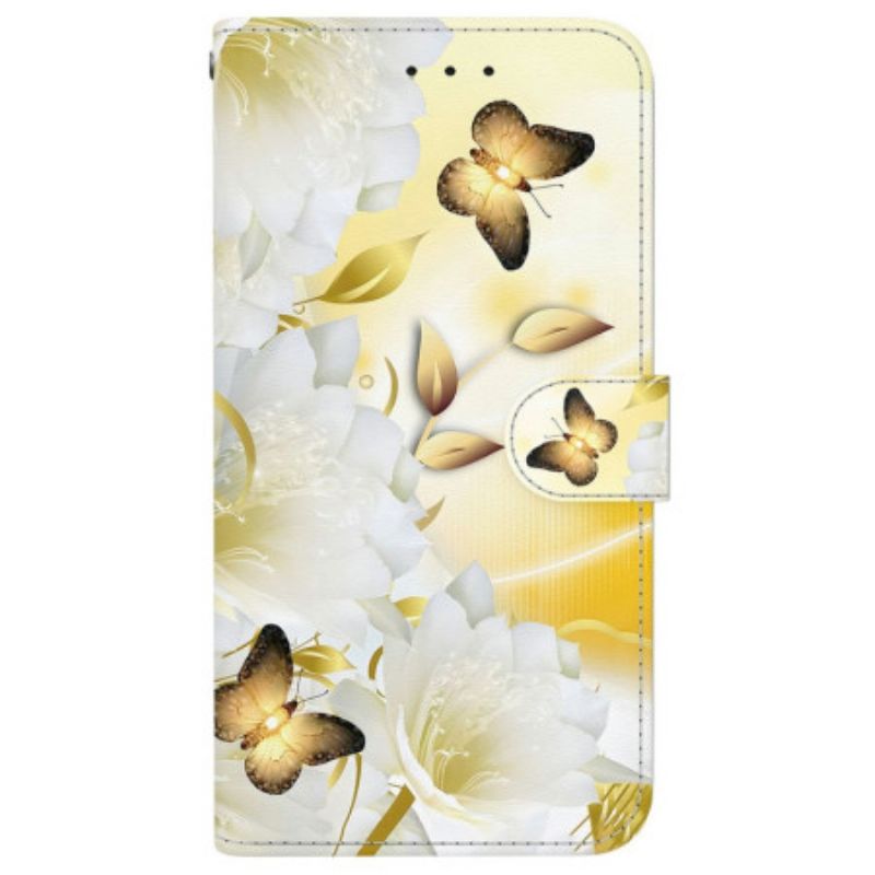 Flip Case Leren Realme 14 Pro 5g Gouden Vlinders En Witte Bloemen