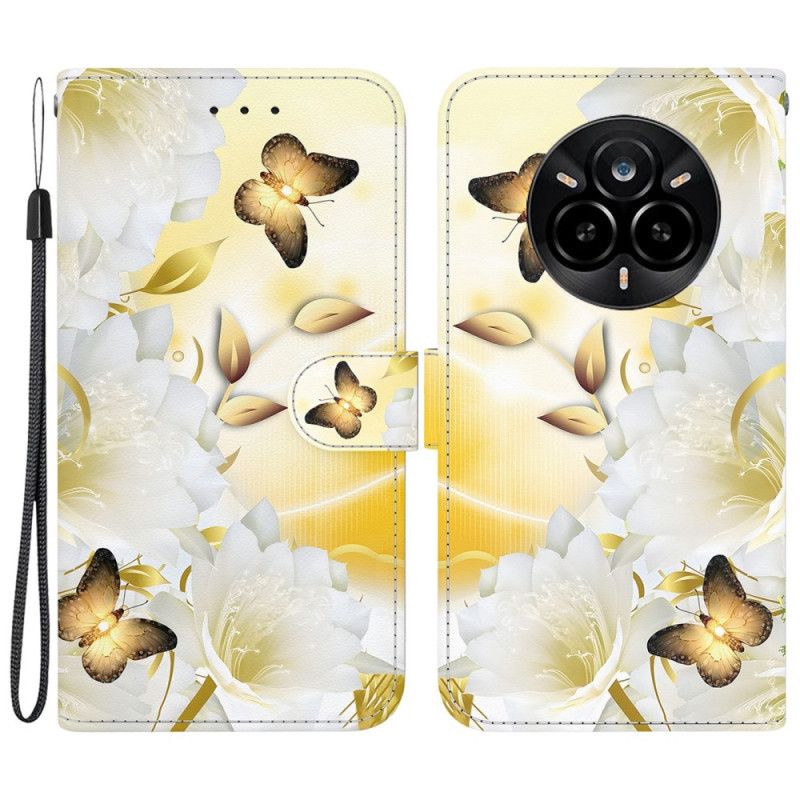 Flip Case Leren Realme 14 Pro 5g Gouden Vlinders En Witte Bloemen