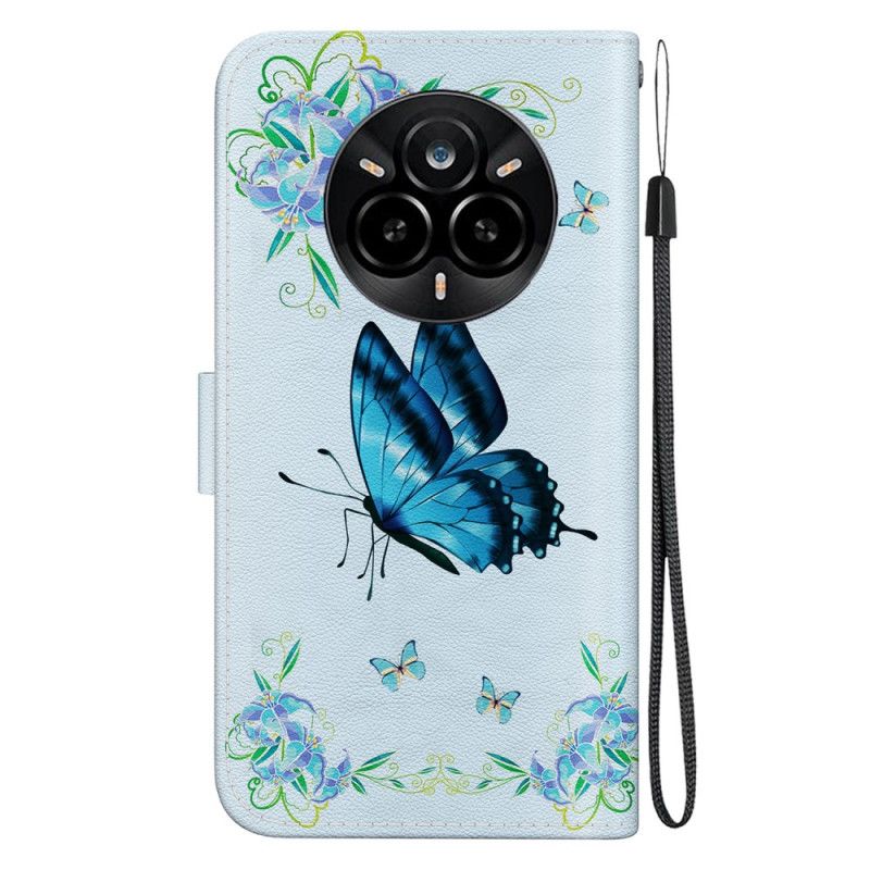 Leren Hoesje Realme 14 Pro 5g Blauwe Vlinders En Bloemen Bescherming Hoesje