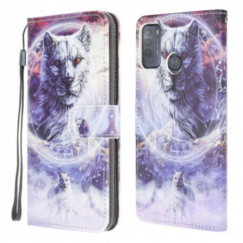 Folio-hoesje Moto G50 Telefoonhoesje Wolf In Winter Met Lanyard