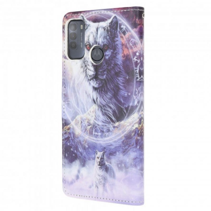 Folio-hoesje Moto G50 Telefoonhoesje Wolf In Winter Met Lanyard