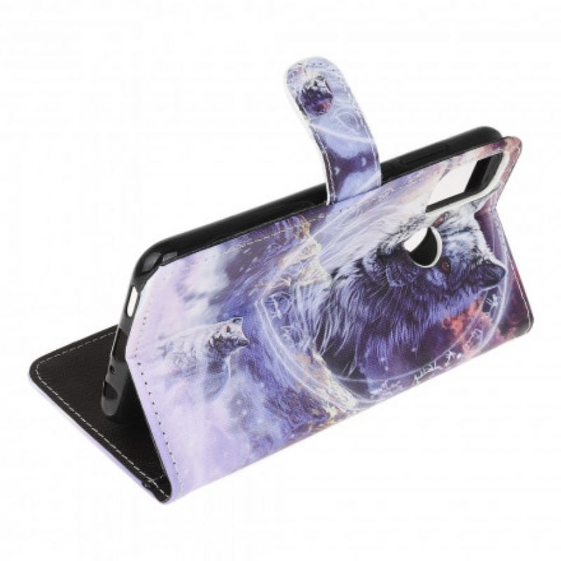Folio-hoesje Moto G50 Telefoonhoesje Wolf In Winter Met Lanyard
