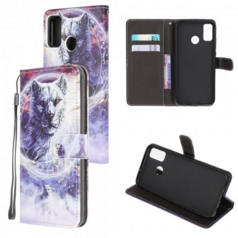 Folio-hoesje Moto G50 Telefoonhoesje Wolf In Winter Met Lanyard