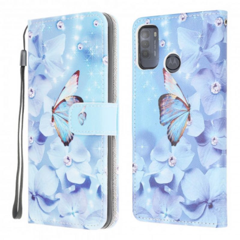 Folio-hoesje Moto G50 Vlinders Met Diamanten Bandjes
