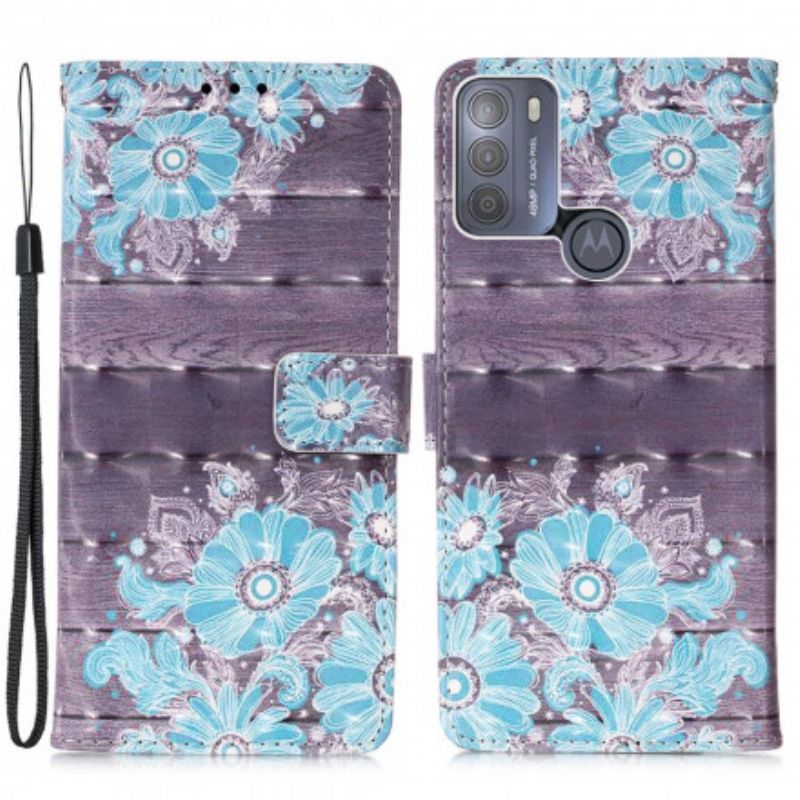 Leren Hoesje Moto G50 Blauwe Bloemen Bescherming Hoesje