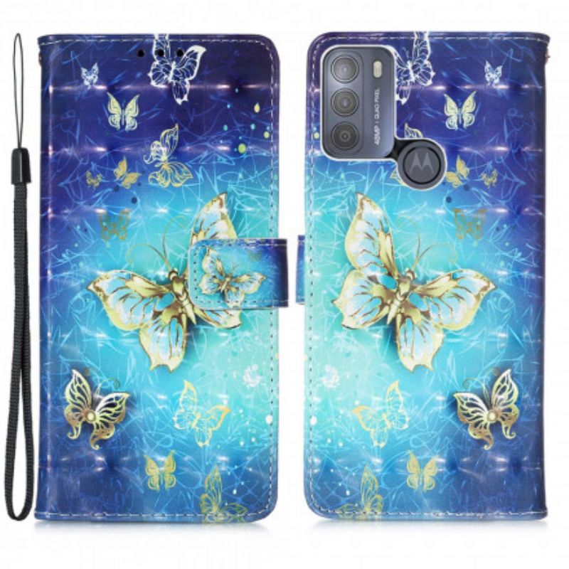 Leren Hoesje Moto G50 Gouden Vlinders Lanyard Bescherming Hoesje