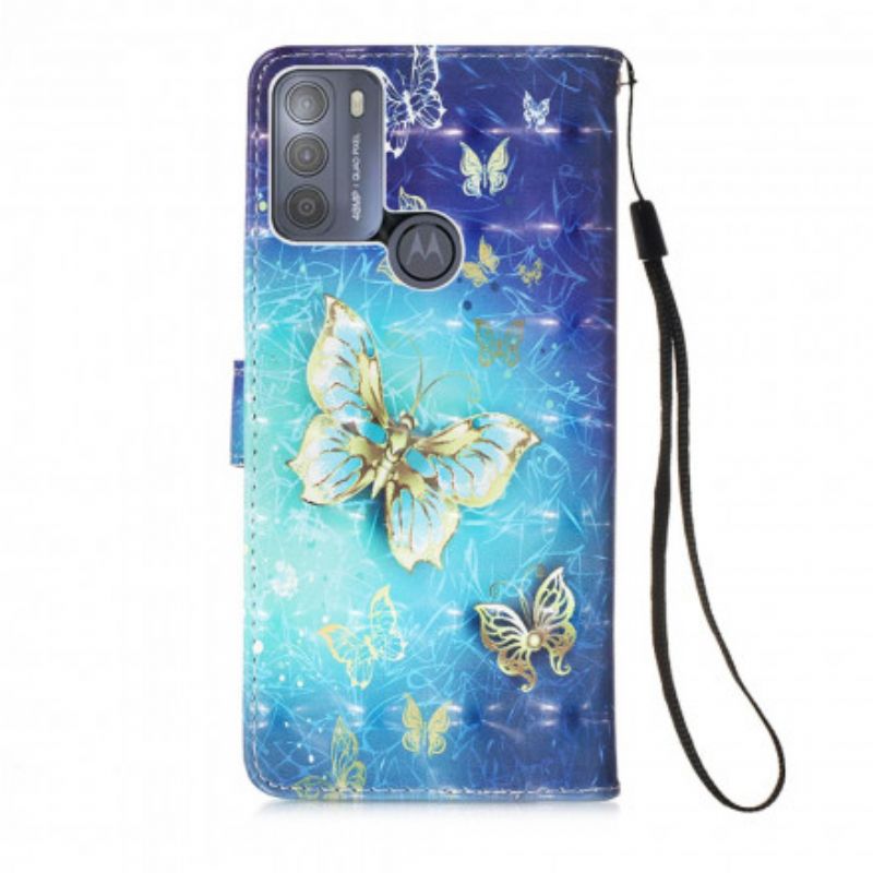 Leren Hoesje Moto G50 Gouden Vlinders Lanyard Bescherming Hoesje