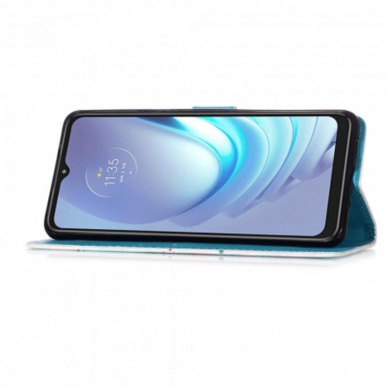 Leren Hoesje Moto G50 Gouden Vlinders Lanyard Bescherming Hoesje