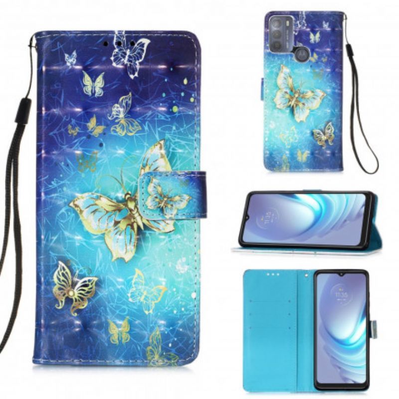 Leren Hoesje Moto G50 Gouden Vlinders Lanyard Bescherming Hoesje