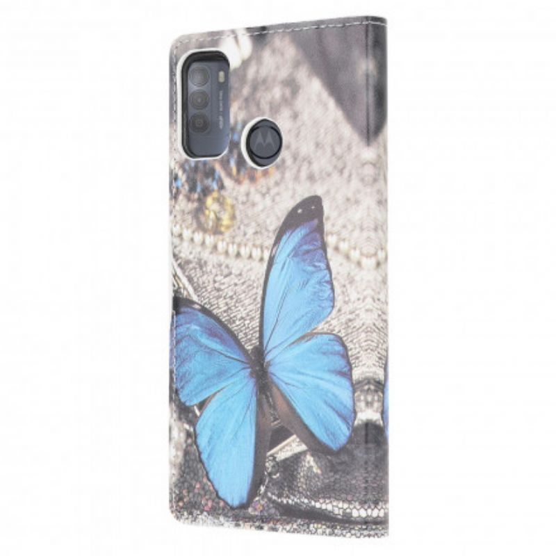 Leren Hoesje Voor Moto G50 Blauwe Vlinder