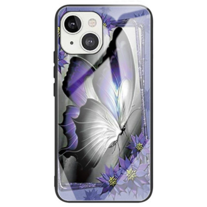 Hoesje voor iPhone 14 Paars Vlinder Gehard Glas