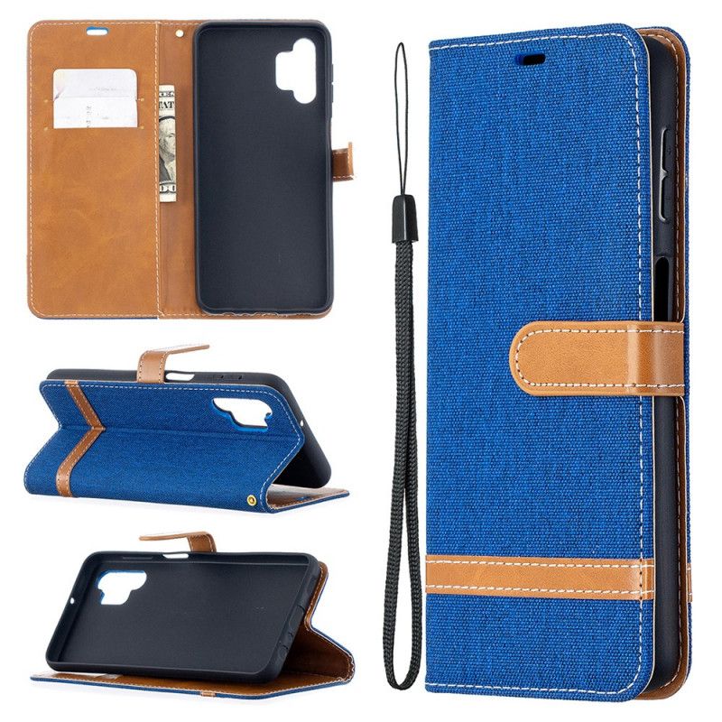 Leren Hoesje voor Samsung Galaxy A32 5G Grijs Zwart Stof En Leereffect Met String