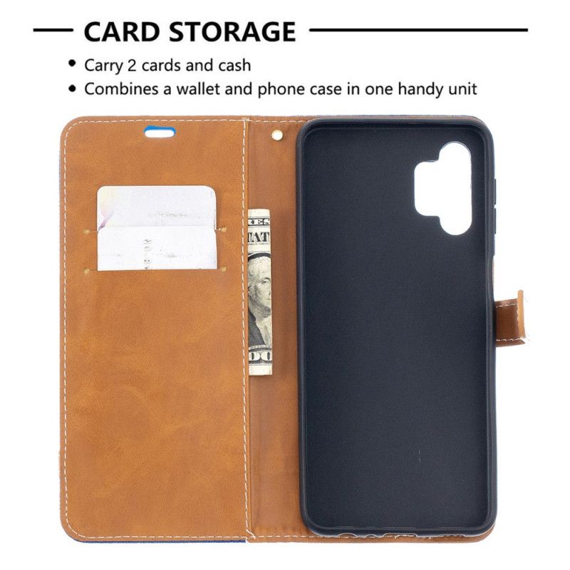 Leren Hoesje voor Samsung Galaxy A32 5G Grijs Zwart Stof En Leereffect Met String