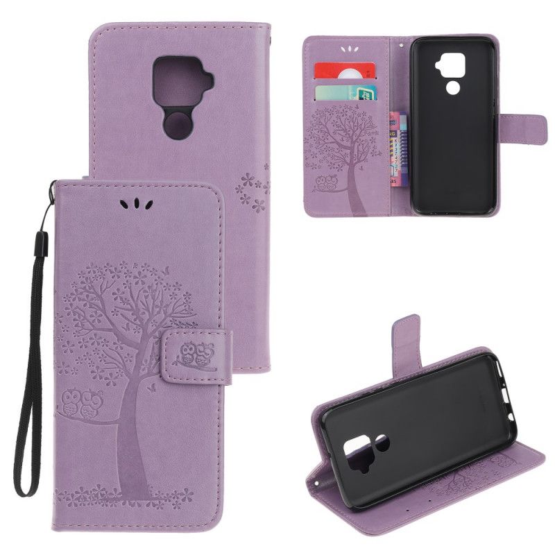 Cover Folio-hoesje Huawei Mate 30 Lite Cyaan Telefoonhoesje Boom En String Uilen