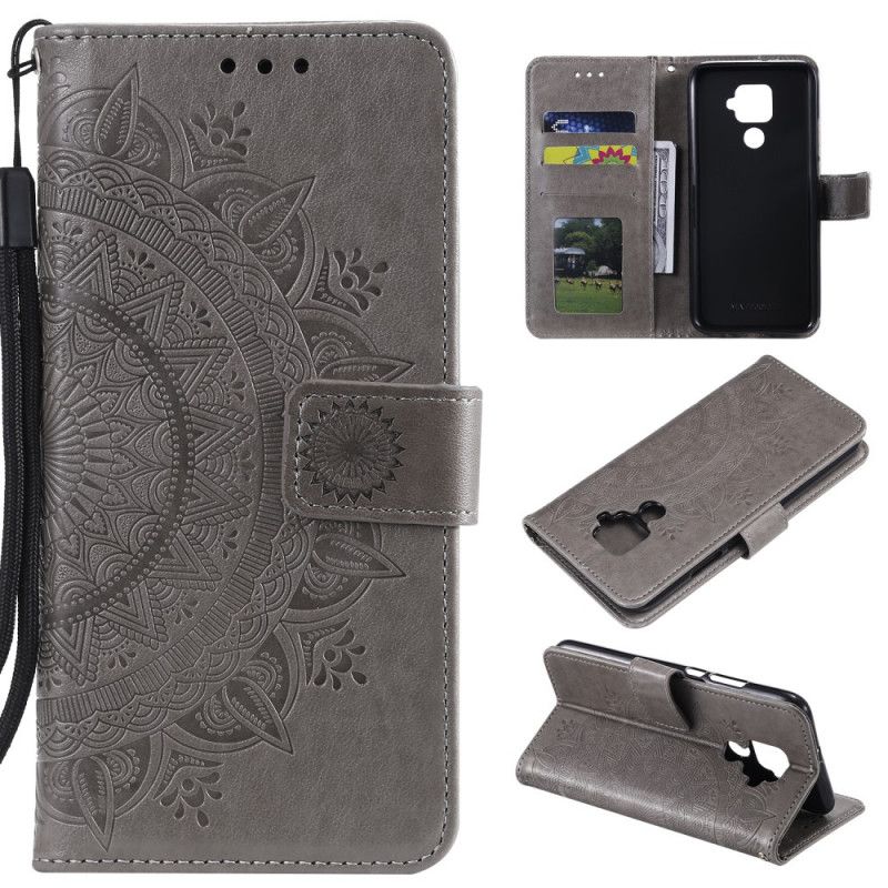 Leren Hoesje Huawei Mate 30 Lite Magenta Grijs Zon Mandala