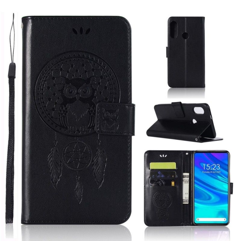 Leren Hoesje Honor 9X Goud Zwart Uil Dromenvanger Met Leereffect