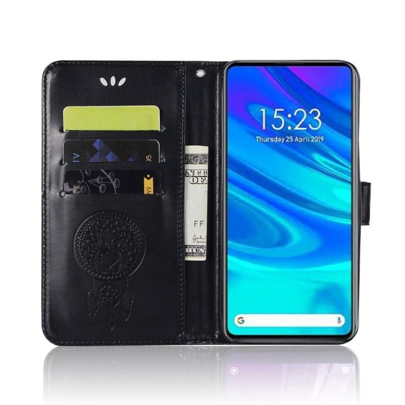 Leren Hoesje Honor 9X Goud Zwart Uil Dromenvanger Met Leereffect