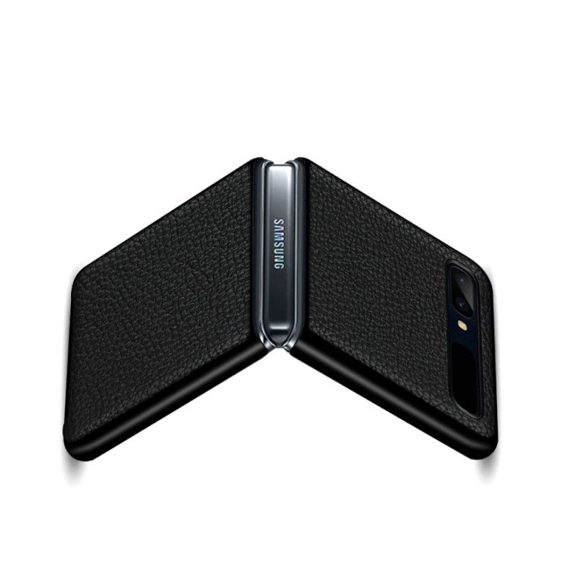 Hoesje Samsung Galaxy Z Flip Grijs Zwart Echt Lychee Leer